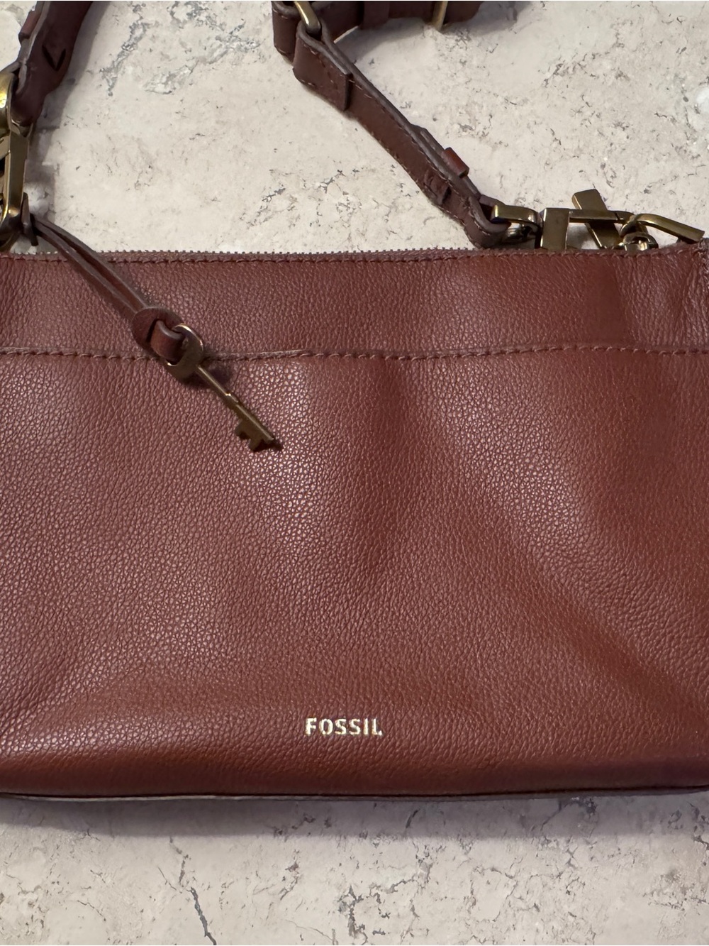 Fossil Leather Crossbody Bag, Cognac Brown, Pebbled Leather, with Brass Hardware - Picture 3 of 13